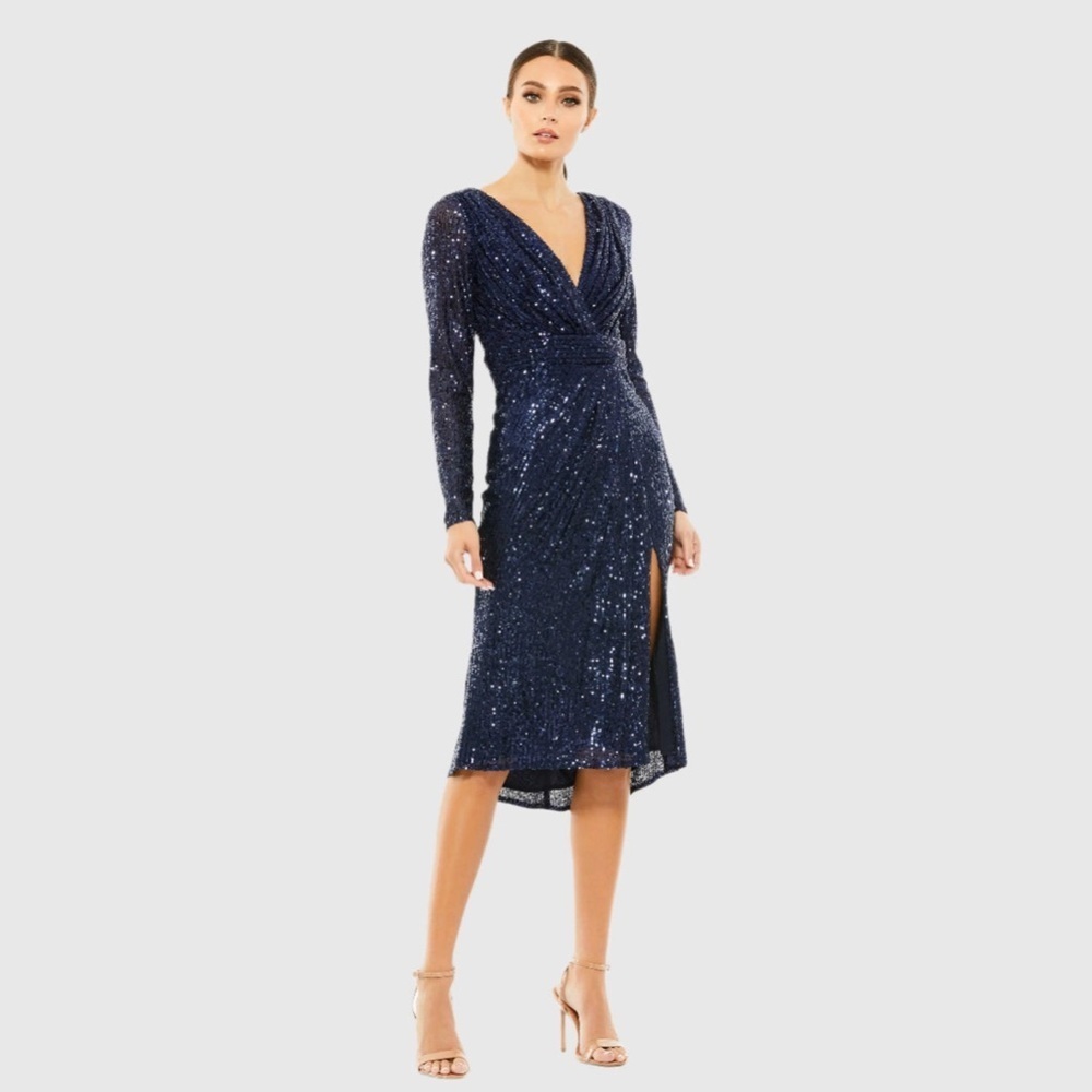 Mac Duggal Navy Sequined Long Sleeve Midi Dress